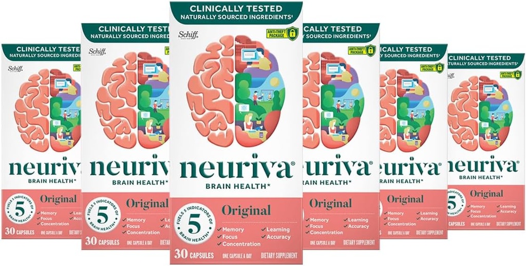 NEURIVA Original Brain Supplement for Memory, Focus " Concentration + Learning " Accuracy with Clinically Tested Nootropics Phosphatidylserine and Neurofactor, Caffeine Free, 30 Capsules (6 Pack)