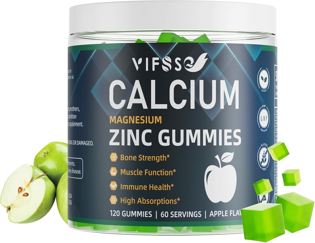 Calcium Magnesium Zinc Gummies 600mg with Vitamin D3 K2, 120 Gummies Plant Based Sugar-Free Calcium Gummies High Absorption Complex Calcium Supplement 70+ Trace Minerals for Bone Strength, Vegan