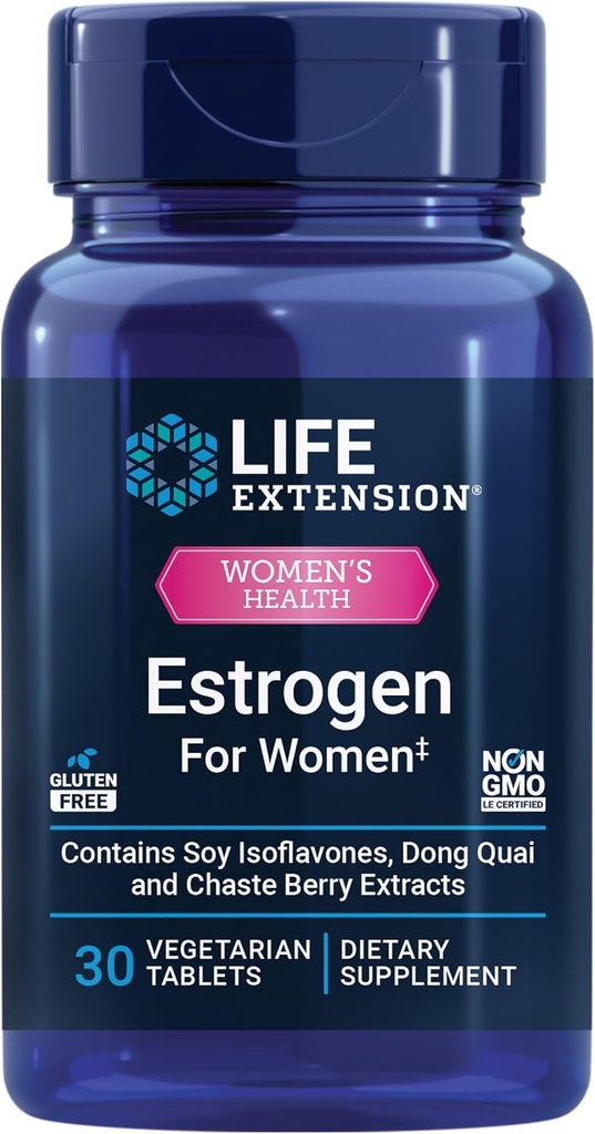 Extensión de vida Estrógeno para Mujeres, Ayuda a Aliviar Flashes calientes y Sudaderas nocturnas, Soy isoflavonas, Noruega Extracto de lechuga, arándanos, Sin hormonas, Sin gluten, No GMO, Vegetarian, 30 Tablet