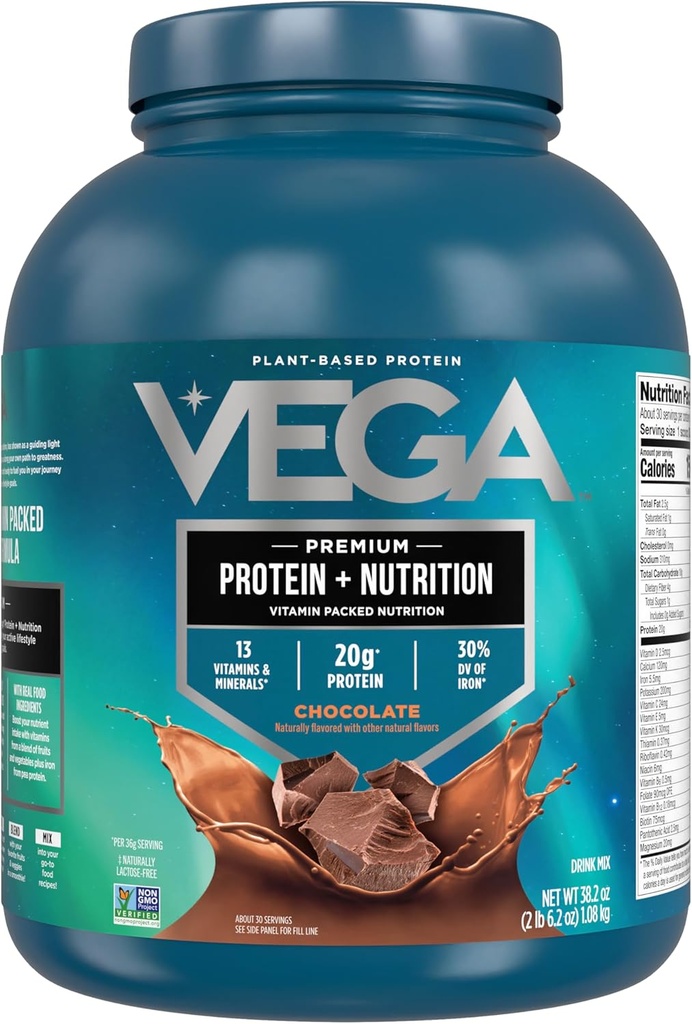 Vega Proteína + Nutrición - 20g Pea Proteína de base vegetal, Chocolate, 30 Servings, Vegan Keto Superfood, Antioxidante-Rich, Gluten Free, Dairy Free, Low Carb, 2.4lbs (Packaging May Vary)