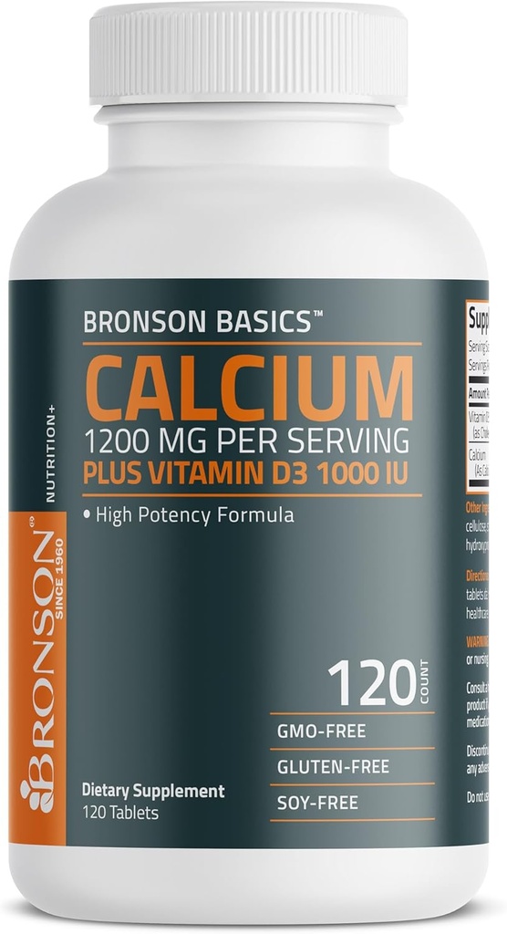 Bronson Calcium 1200mg Por Serving Plus Vitamina D3 1000 UI High Potency Formula, Non-GMO, 120 Tablets