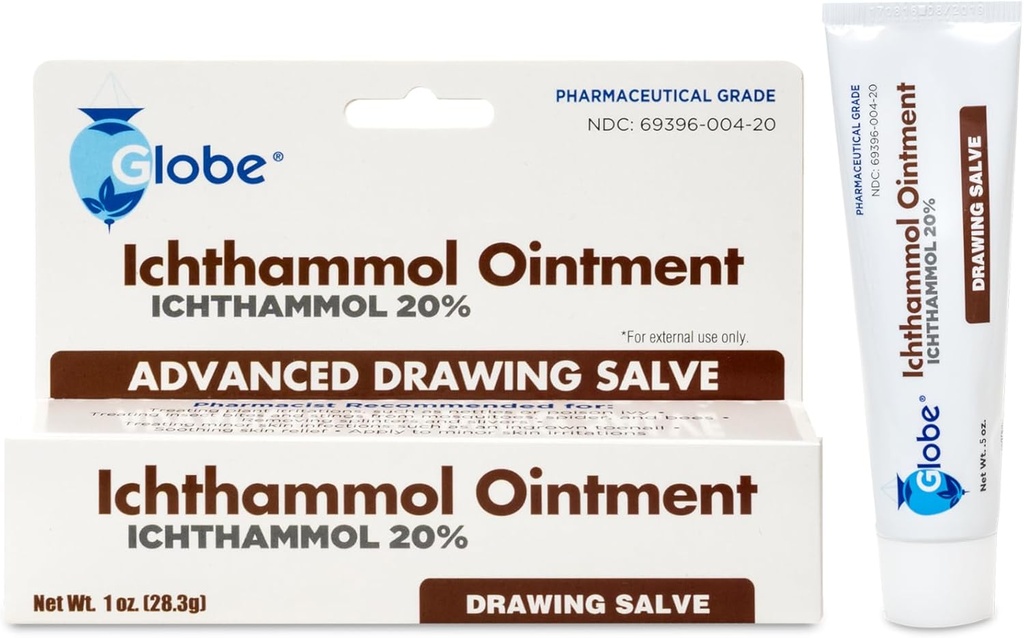 Globe Ichthammol Ungüento 20% (Salva de dragado) 1 OZ - Alivio de la piel calmante, Tratamiento del eccema, acné, bolos, espinillas, picaduras de abeja - Fuerza máxima