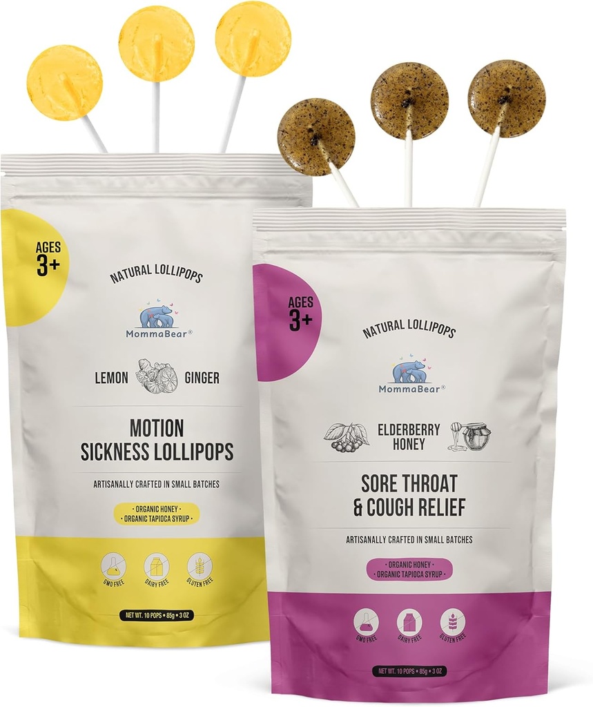 MommaBear Organic All Natural Motion Sickness and Throat Relief Lollipops Get Well Soon Pack ¦ Throat Soothing &amp; Nausea Calming Honey Lollipops for Adults, Pregnant Women &amp; Kids 3+ ← Pack of 2 Bundle