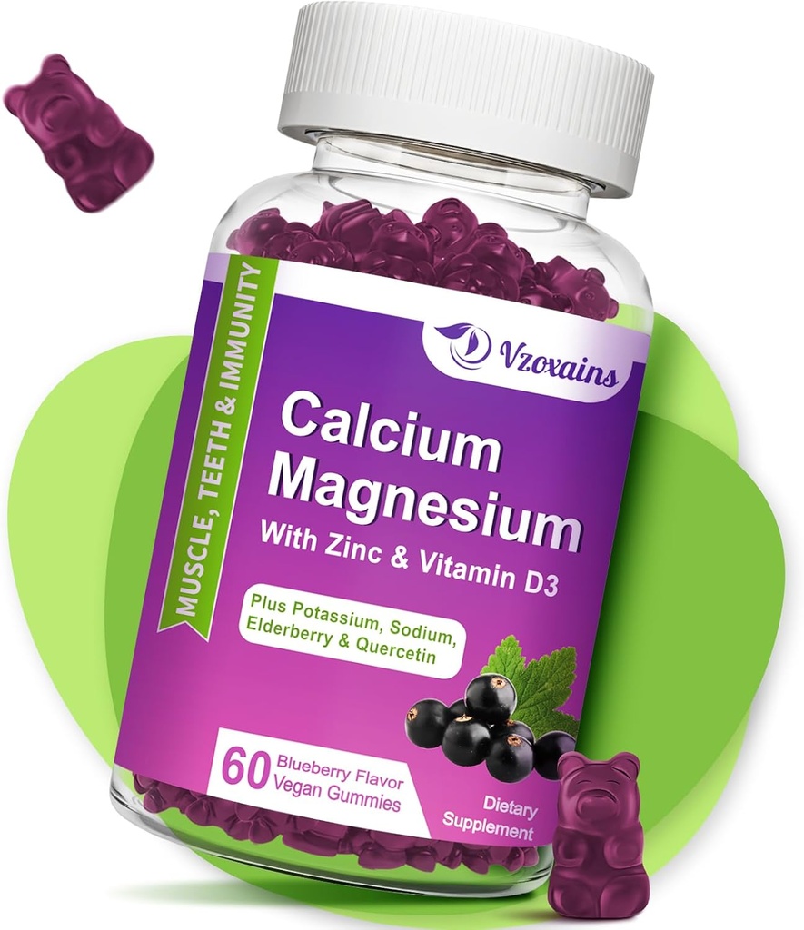 Alta Absorción Calcio Gummies, Calcio Magnesio Zinc con Magnesio Glycinate, Potasio, Vitamina D3 para Hombres &amp; Blueberry Flavored 60 Cts