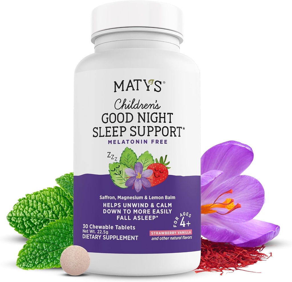 Matys Kids Good Night Sleep Support Chewable Tablets for Ages 4 Years +, No Melatonin Childrens Sleep Aid for Bedtime, Saffron &amp; Magnesium, 30 Count