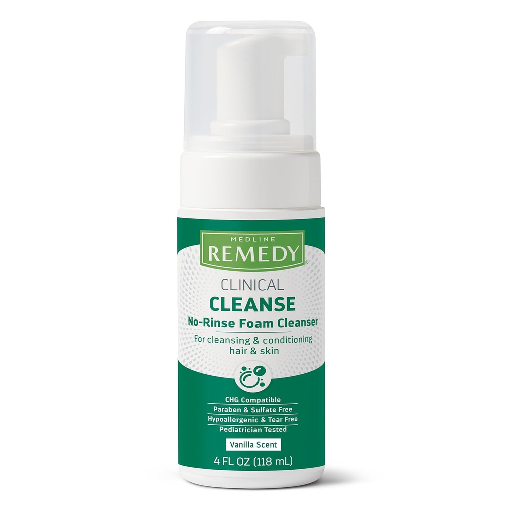Medline Remedy Clinical No-Rinse Foam Cleanser, Vanilla Scent (4 fl oz) - Hydrating Shampoo and Body Wash for Sensitive Skin, Paraben and Sulfate Free, For Face, Hair, and All Ages