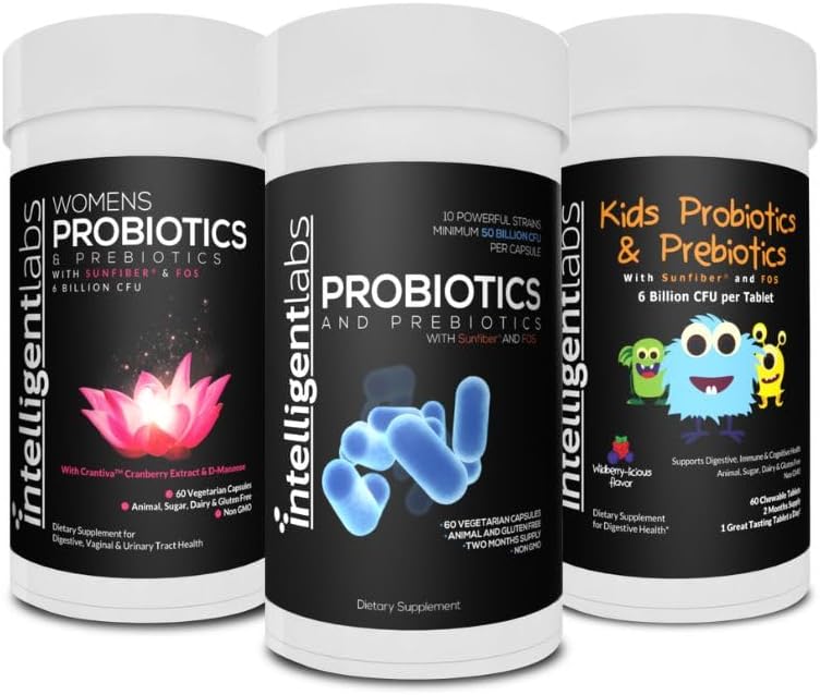 Laboratorios Inteligentes 3-en-1 Probióticos con Prebióticos Bundle para la familia entera: Niños + Adultos 50 Billones CFU + Probióticos para mujeres, No se necesita refrigeración, 2 meses de suministro por botella
