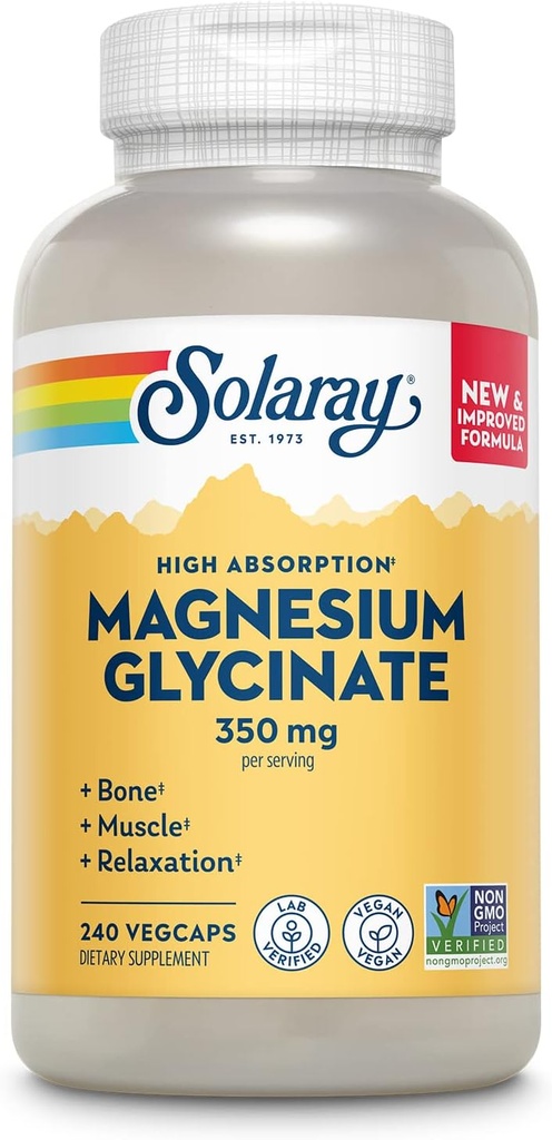 Solaray Magnesium Glycinate, Nuevo &amp; Completamente Chelated Bisglycinate with BioPerine, High Absorption Formula, Estrés, Huesos, Muscle &amp; Relax Support, 60 Day Guarantee, 60 Servings, 240 VegCaps