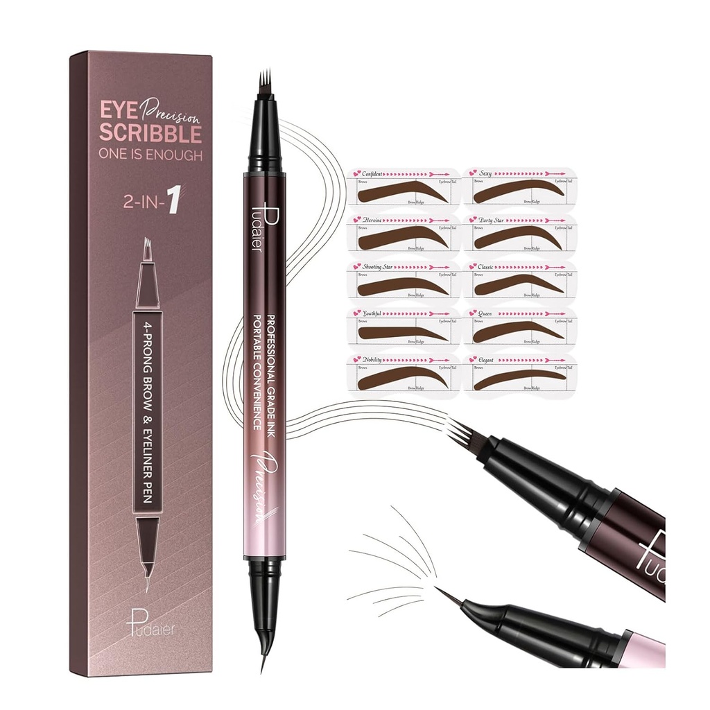 Pluma de ceja curvada de 2 en-1 y eyeliner con 10Pcs Stencils de ceja, Pluma de ceja Microblading con 4 pinceles de punta de horquilla y curvatura, impermeable y duradera para las cejas