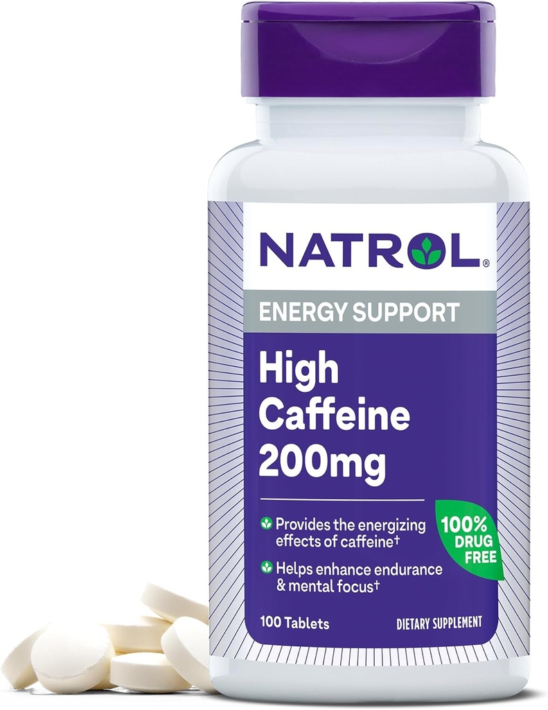 Natrol High Caffeine 200 mg por Serving, Energy Support Supplement for Adults, 100 Tablets, 100 Day Supply