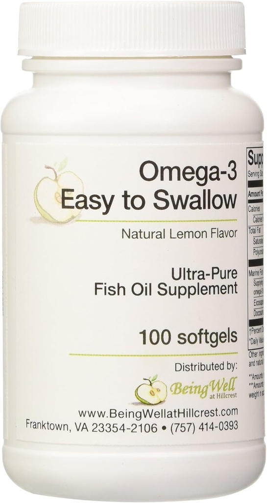 Omega-3 'Easy to Swallow' Ultra-pure Fish Oil Supplement Natural Lemon Flavor 100 Softgels