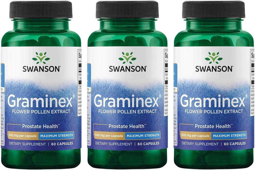 Swanson Extracto de Graminex de máxima resistencia - Apoyo a la salud de próstata, función de tracto urinario " Niños - Suplemento de salud de los hombres - (60 cápsulas, 500 mg cada uno) (3 Pack)