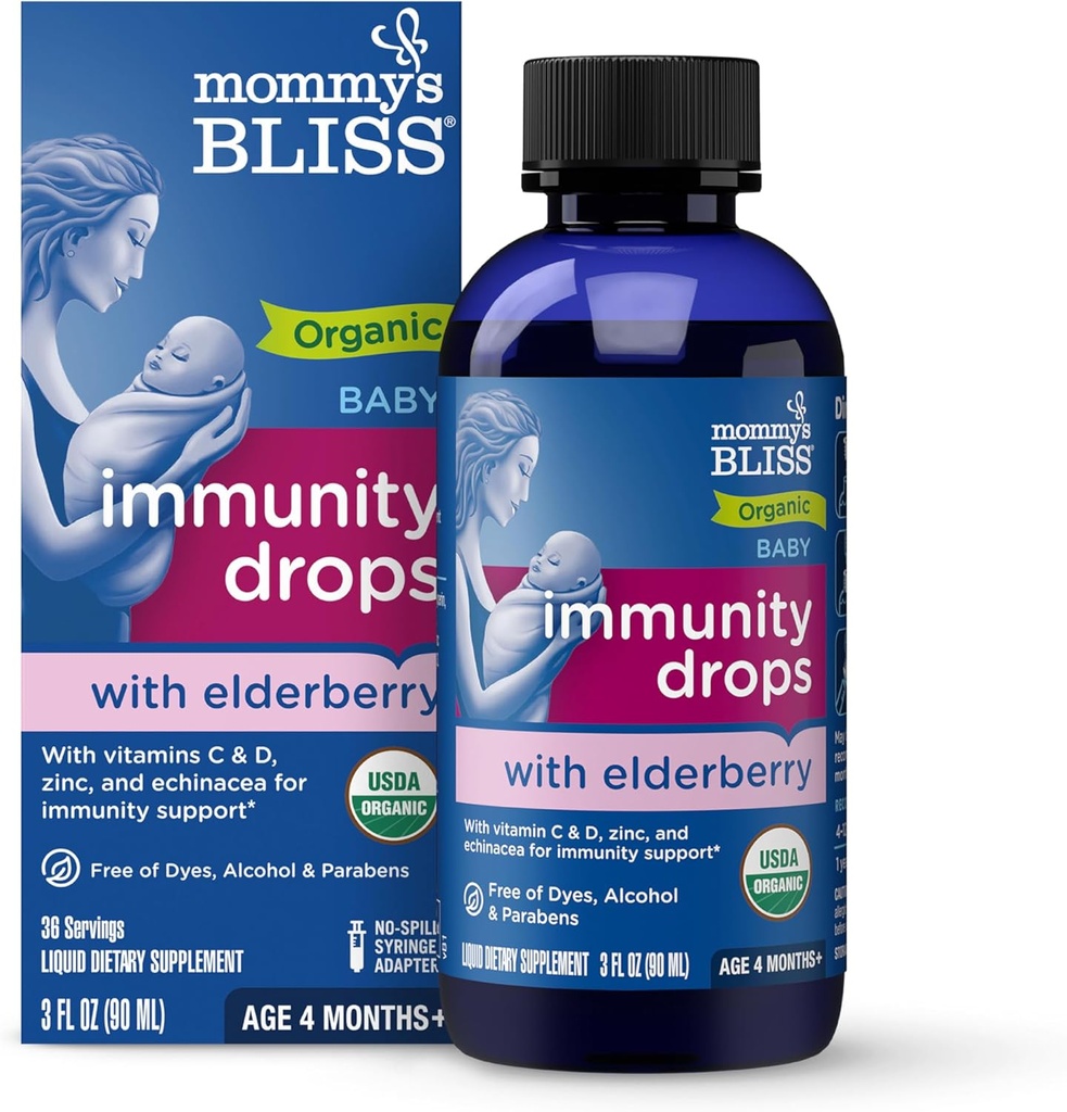 Mama's Bliss Organic Baby Elderberry Drops, Immune Support with Vitamins, Prebiotics, Zinc &amp; Organic Echinacea, Age 4 Months +, 3 Fl Oz (36 Servings)