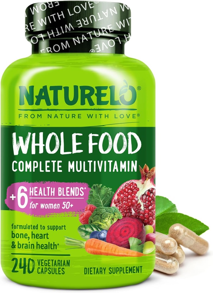 NATURELO Multivitamina Alimentaria Integral para Mujeres 50+ (Iron Gratis) con Vitaminas, Minerales, " Extractos Orgánicos - Suplemento para Mujeres Post Menopáusicas Más de 50 - Sin GMO - 240 cápsulas Veganas