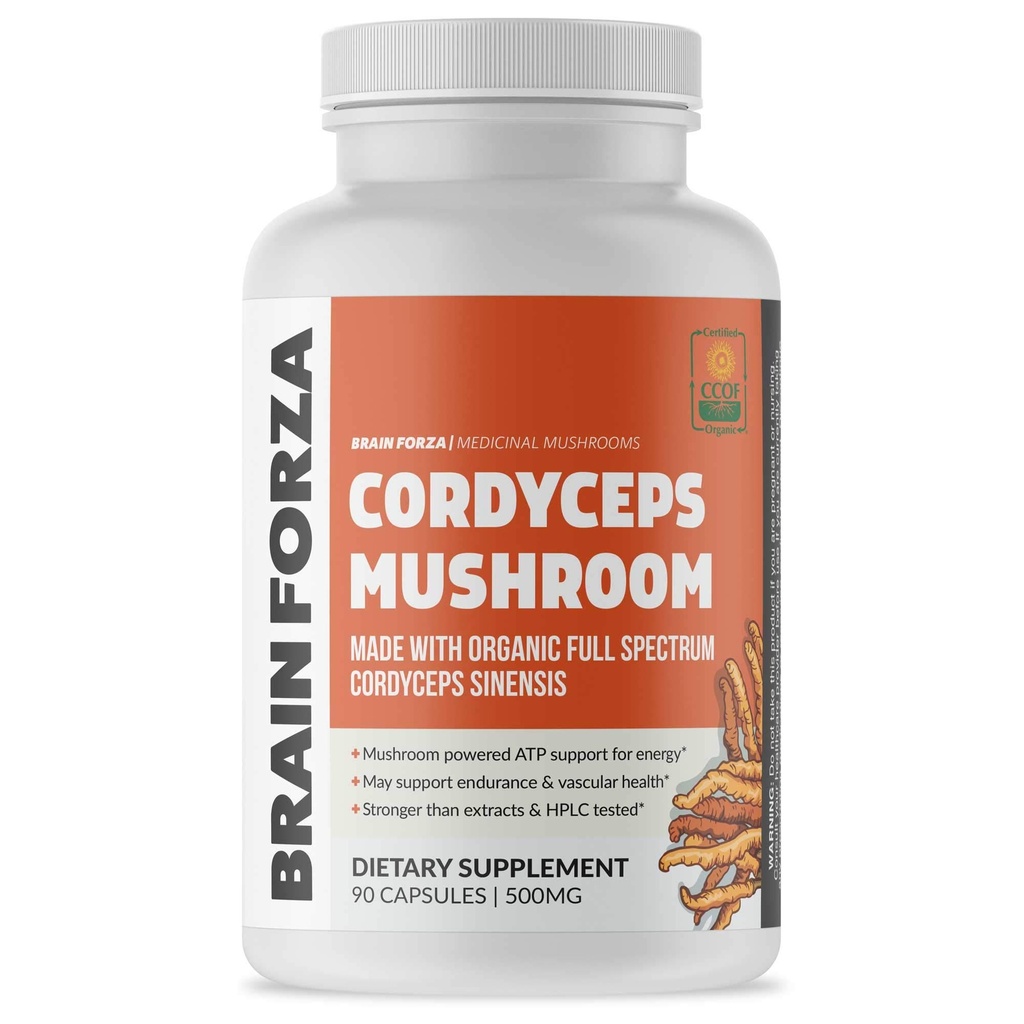 Cerebro Forza Cordyceps orgánicos Capsules - Cordyceps Sinensis Mushroom Low-Oxygen Grown in The USA, Non-GMO, Vegan, Orgánico, 90 cápsulas
