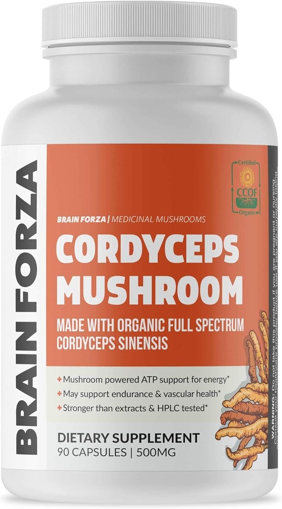 Cerebro Forza Cordyceps orgánicos Capsules - Cordyceps Sinensis Mushroom Low-Oxygen Grown in The USA, Non-GMO, Vegan, Orgánico, 90 cápsulas