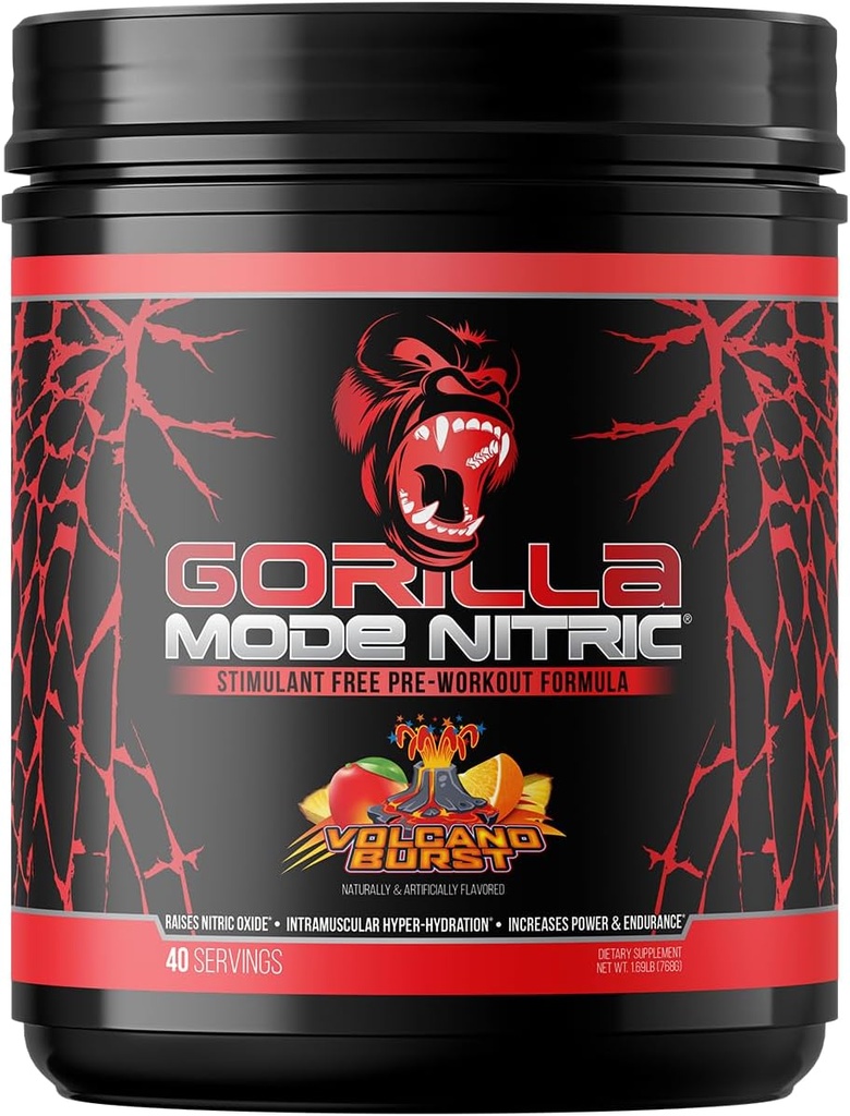 Gorilla Mind - Modo gorila Nitric Upgraded Stimulant Free Pre-Workout – Mejor Tasting y Más Eficaz Estimulante Free Pre-Workout/Massive Pumps · Vasodilation · Power / 768 Grams (Volcano Burst)