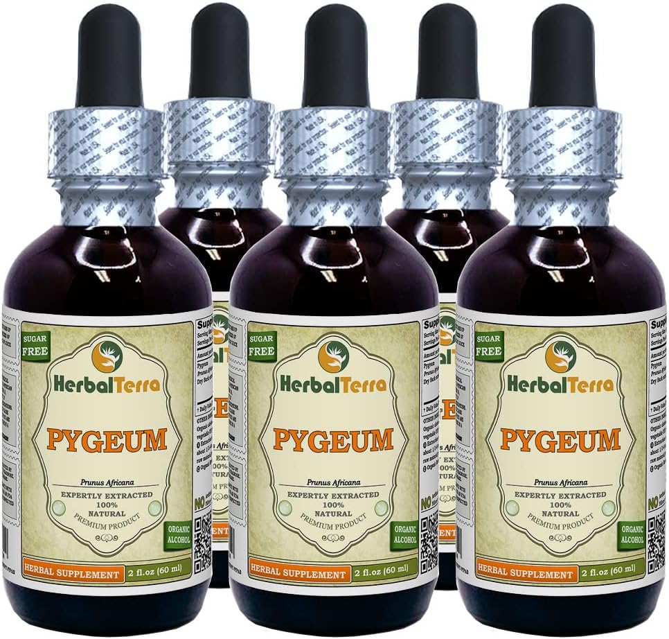African Cherry Pygeum (Prunus africana) Tintura, Orgánica Bark Liquid Extract (Marca: HerbalTerra, Proudly Made in USA) 5x2 fl.oz (5x60 ml)