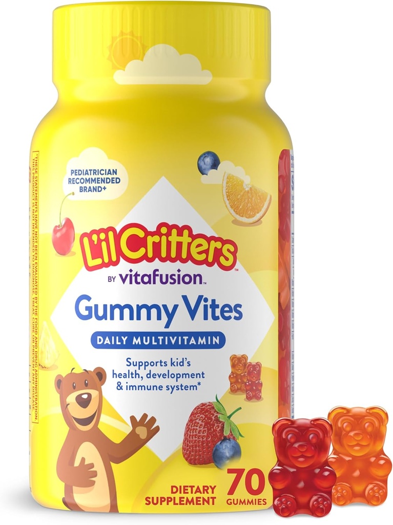L’il Critters Gummy Vites Daily Gummy Multivitamin for Kids, Vitamin C, D3 for Immune Support Cherry, Strawberry, Orange, Pineapple and Blueberry Flavors, 70 Condes Gummies