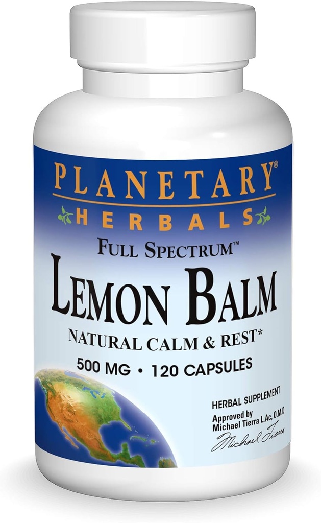 Herbals planetarios Balm de limón Espectro completo 500 mg, calma natural y descanso, 120 cápsulas