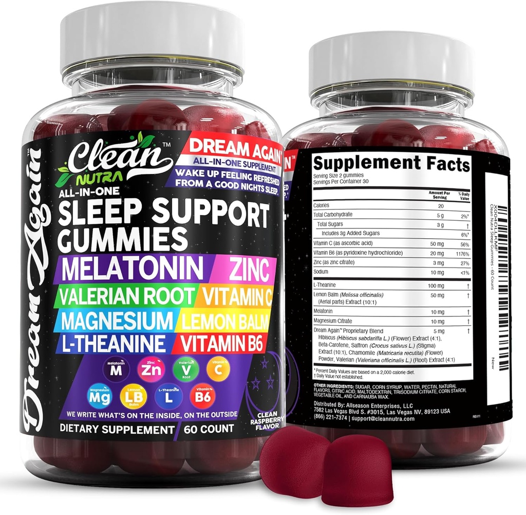 Clean Nutra Melatonin Gummies 10mg ← Ayuda al sueño Valerian Root L-Theanine Vitamin B6 C Lemon Balm Magnesium Hibiscus Beta Carotene Saffron &amp; Chamomile Rest Apoyo Suplemento Raspberry Flavor