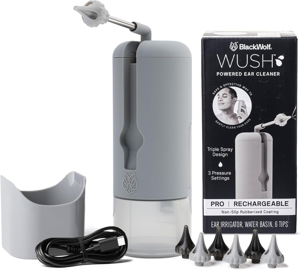 Wush Pro por Black Wolf - The Original Deluxe Water Powered Ear Cleaner with 6 Reusable Replacement Tips by Black Wolf - Safe &amp; Effective for Ear Wax Buildup - Electric Ear Wax Removal Kit (Grey)
