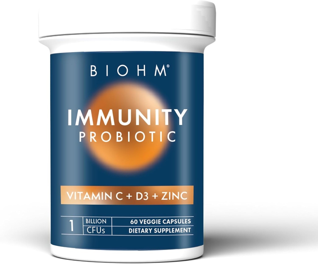 Probiótico de inmunidad BIOHM con vitamina C, D3 &amp; Zinc, 1 billón CFU (60 cápsulas) Probióticos diarios para hombres y mujeres, salud digestiva &amp; apoyo inmunológico, Vegano, libre de gluten y no GMO