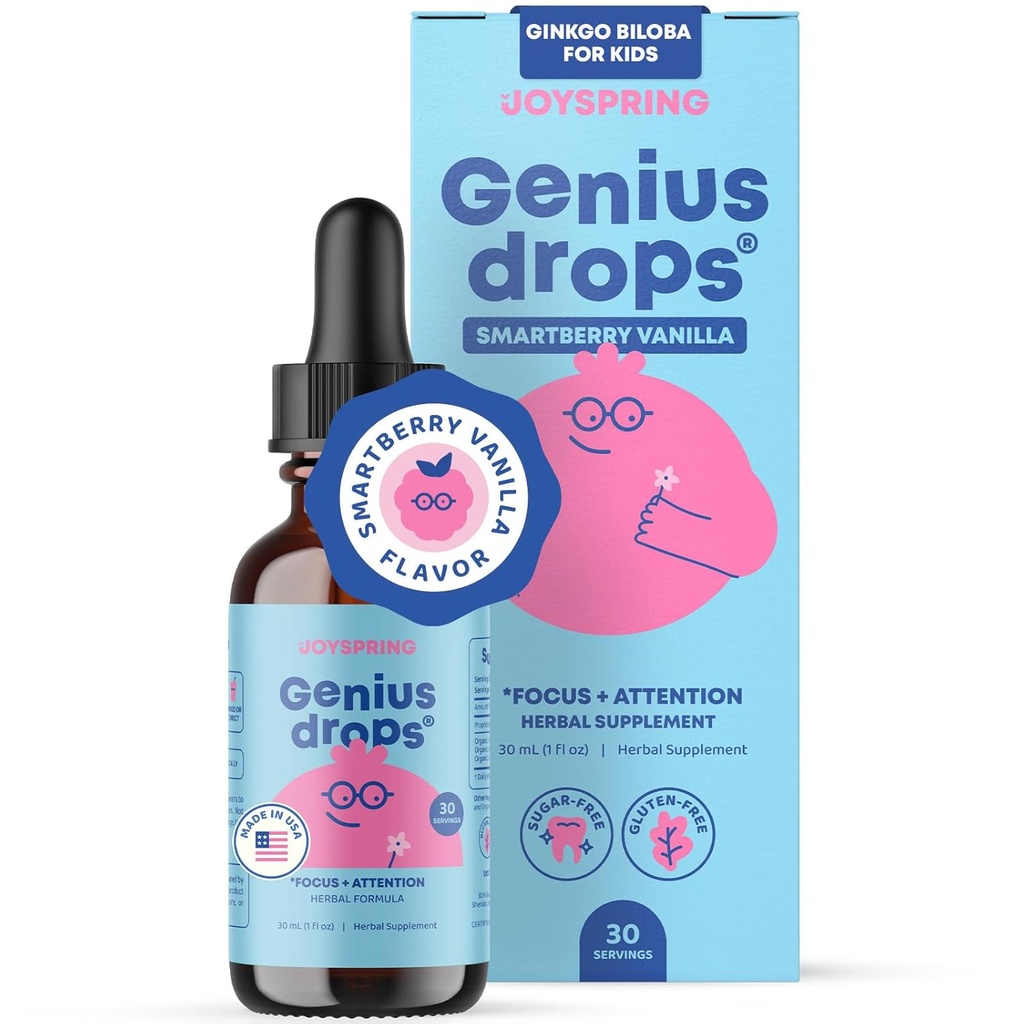 JoySpring Genius Drops Smartberry Vanilla | Herbal Focus Support for Kids with Ginkgo Biloba, Licorice Root, Gotu Kola Extract, Peppermint Leaf | Liquid Formula|1fl oz (30 Servings)