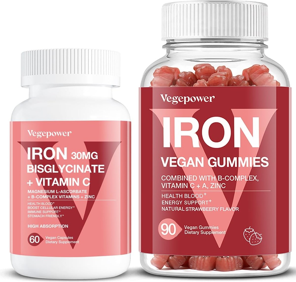 Vegan Iron Gummies Strawberry Plus Iron Bisglycinate 30MG  Vegan Iron Supplement Support for Blood Healthy & Daily Energy for Adults &amp; Kids - 90 Count+60 Count
