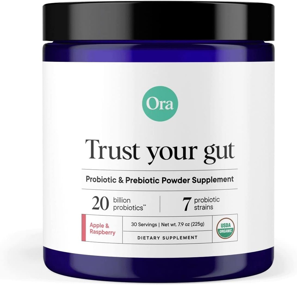Ora Organic Prebiotic and Probiotic Powder Supplement - 20 Billion Probiotics, 7 Strains for Best Prebiotic Powder, Non-GMO, Probiotics for Women, Men &amp; Kids - Apple Raspberry Flavor, 30 Servings...