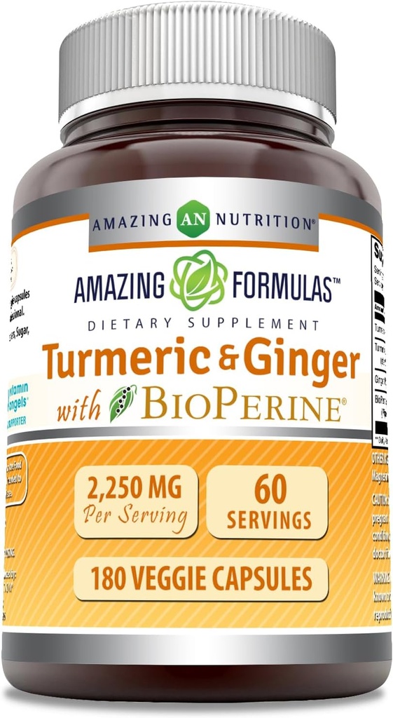 Amazing Formulas Turmeric Curcumin " Ginger with BioPerine 2250 mg Por Serving Veggie Capsules ← Non-GMO TEN Gluten Free TEN Made in USA ← Ideal para Vegetarianos (180 Conde)