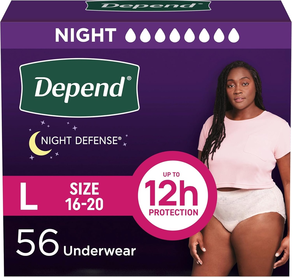 Dependido Night Defense Adult Diapers, Incontinencia & Postpartum Bladder Leak Underwear for Women, Disposable, Overnight, Large, Blush, 56 Count (4 Packaging May Vary