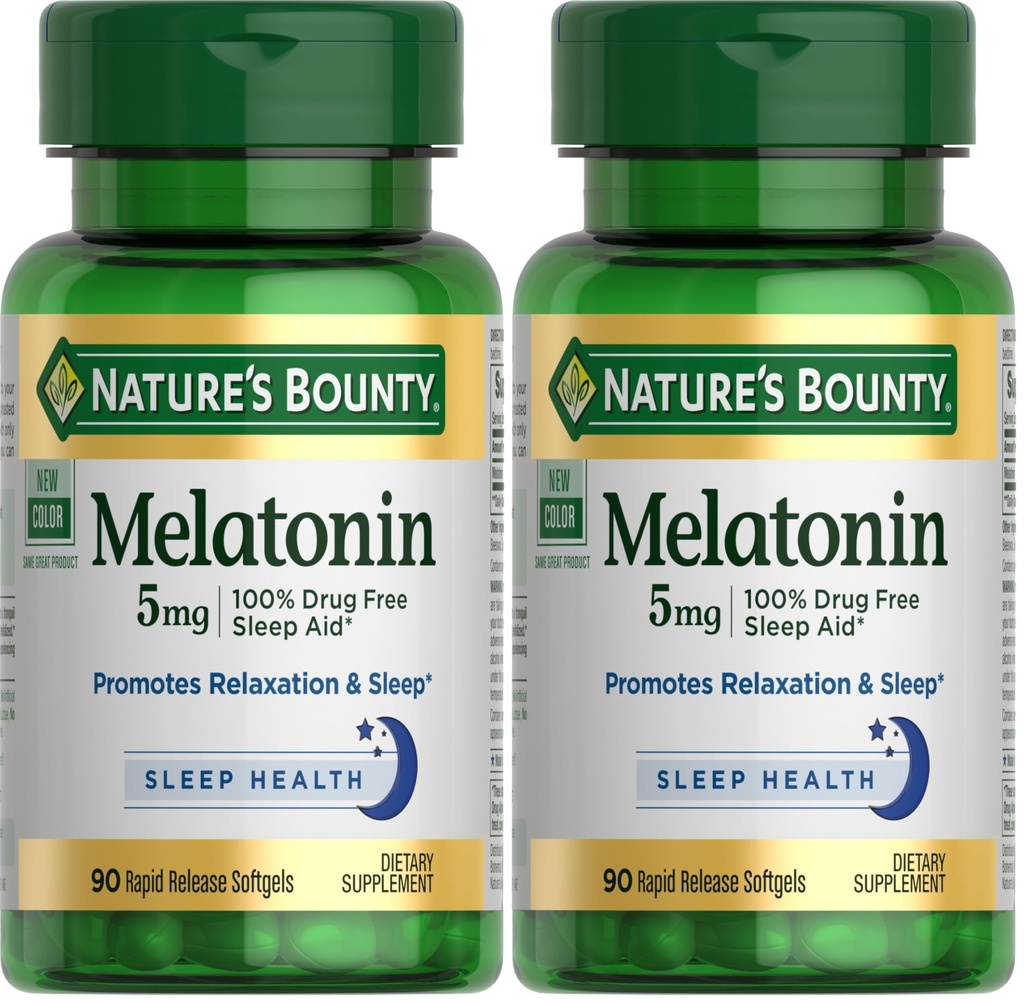 Bounty Melatonin, 100% Drug Free Sleep Aid, Dietary Supplement, Promotes Relaxation and Sleep Health, 5mg, 90 Softgels (Pack of 2)