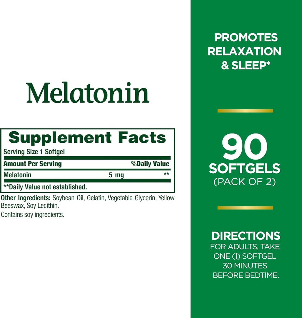 Bounty Melatonin, 100% Drug Free Sleep Aid, Dietary Supplement, Promotes Relaxation and Sleep Health, 5mg, 90 Softgels (Pack of 2)