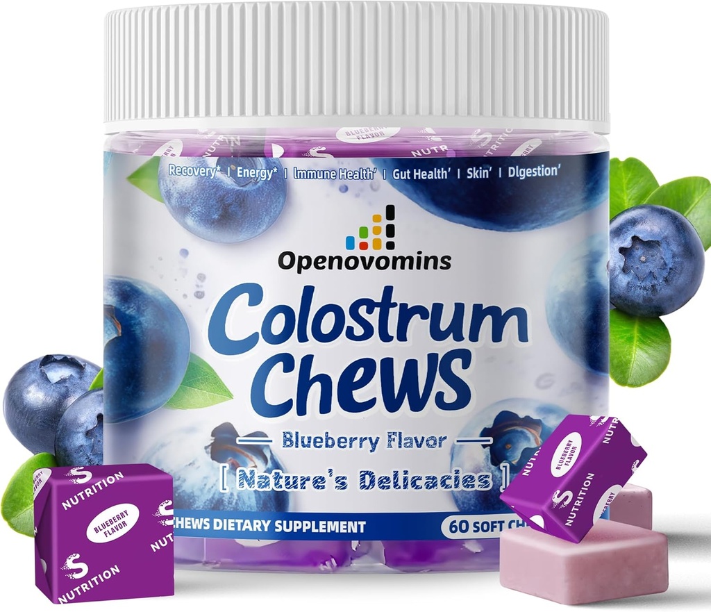 Bovine Colostrum Soft Chews Suplemento con probióticos para Gut Health, Bloating, Immune Support, Skin, Hair Growth and Beauty - Blueberry Flavor (60 Servings)