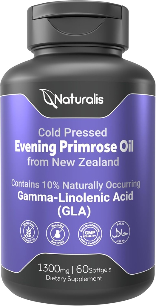 Naturalis Evening Primrose Oil (1300mg) ← 100% natural de Nueva Zelanda ← Non-GMO, Soy &amp; Gluten Free, Zero Filler  60 Softgels