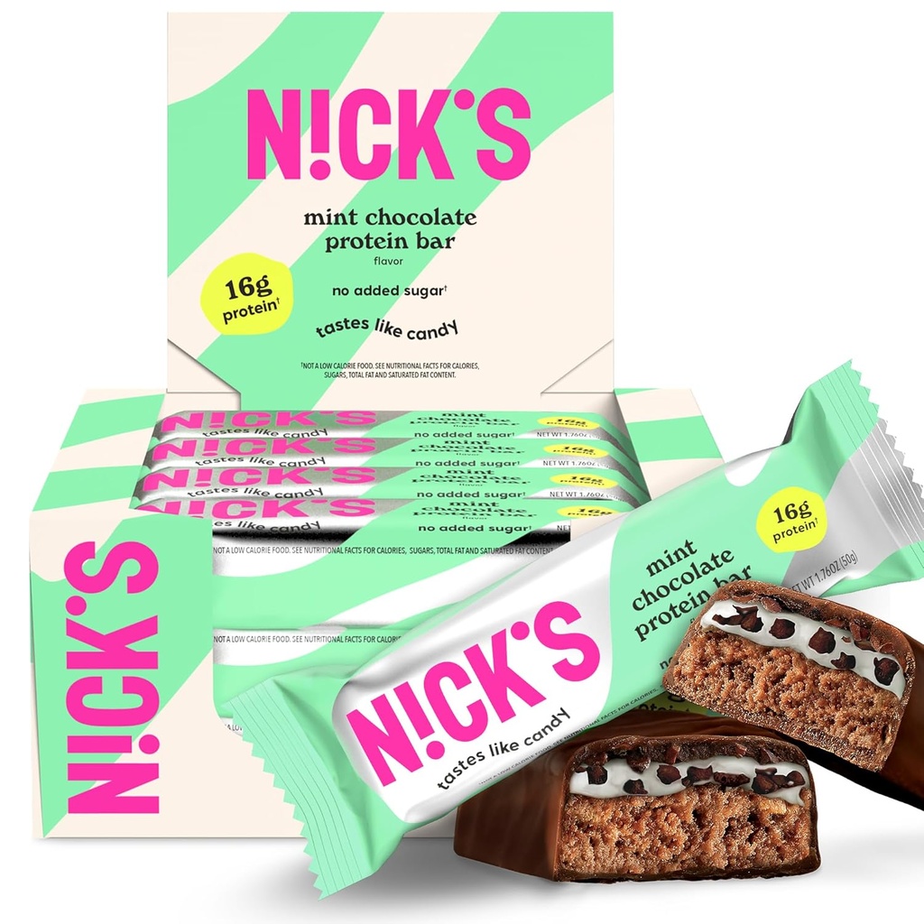 Las barras de proteínas de chocolate de la menta de Nick – Caja de 12 patas de alta proteína, bajas calorías, bajos carbohidratos, amiga de Keto, sin azúcar