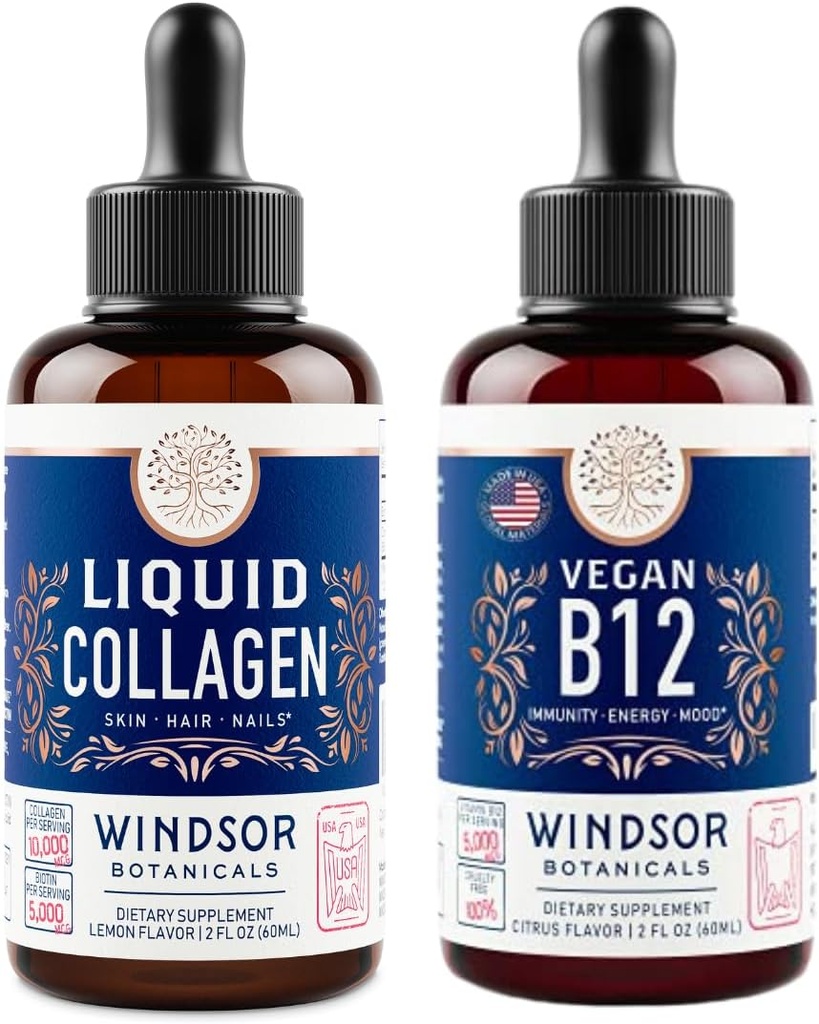 WINDSOR BOTANICALS Vitamina B12 Collagen líquido y líquido con Biotina - Energía y bienestar