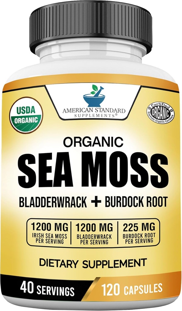 American Standard Supplements Organic Sea Moss, Bladderwrack &amp; Burdock Root Capsules - 1200mg Seamoss, 1200mg Bladderwrack, 225mg Burdock Root Por Serving - 120 Capsules, 40 Servings