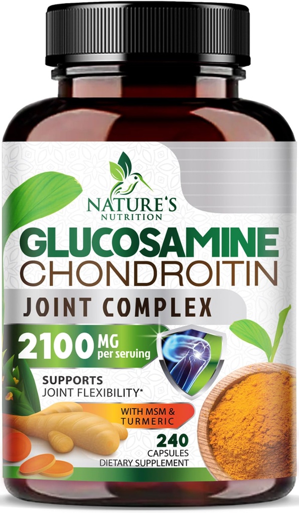 Glucosamine Chondroitin MSM 2100mg Complejo - Suplemento de Apoyo Conjunto para la Movilidad Conjunta " Confort Para Hombres y Mujeres con Turmeric " Boswellia, Triple Strength Glucosamine Suplementos - 240 cápsulas