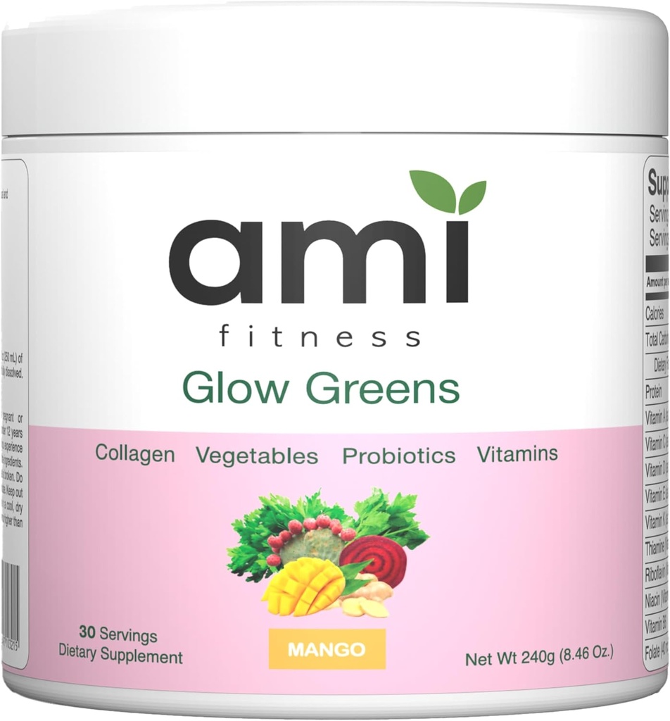 Glow Greens Powder, Collagen with Probiotics, Vitamins, Digestive Enzymes, Superfoods, Gut Health, Bloating Relief, Radiant Skin, Natural Glow, Spirulina, 30 SVG, Mango