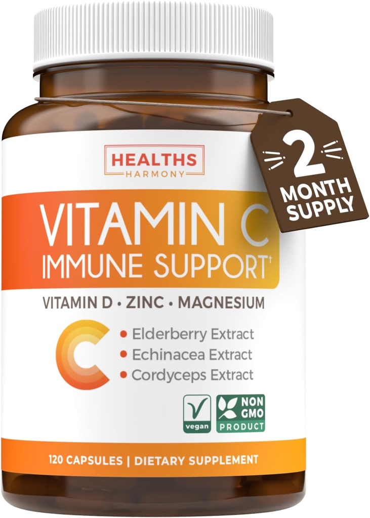 Vitamin C Immune Support Supplement - Immune Boost Blend with Elderberry Vitamin C and Zinc for Daily & Seasonal Support - Magnesium Zinc VIT C & D and Herbal Defense Complex (2 Months Supply)
