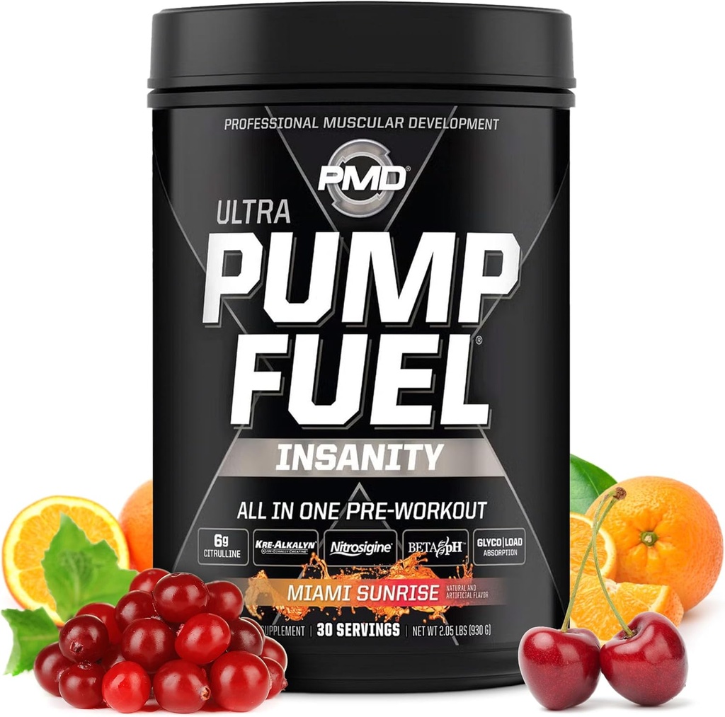 PMD Sports Pump Fuel Ultra Insanity - Premium Pre Workout Powder &amp; Muscle Pump, Greater Focus, Endurance & Recovery, Premium Creatine, Arginine & Beta Alanine - Miami Sunrise (30 Servings)