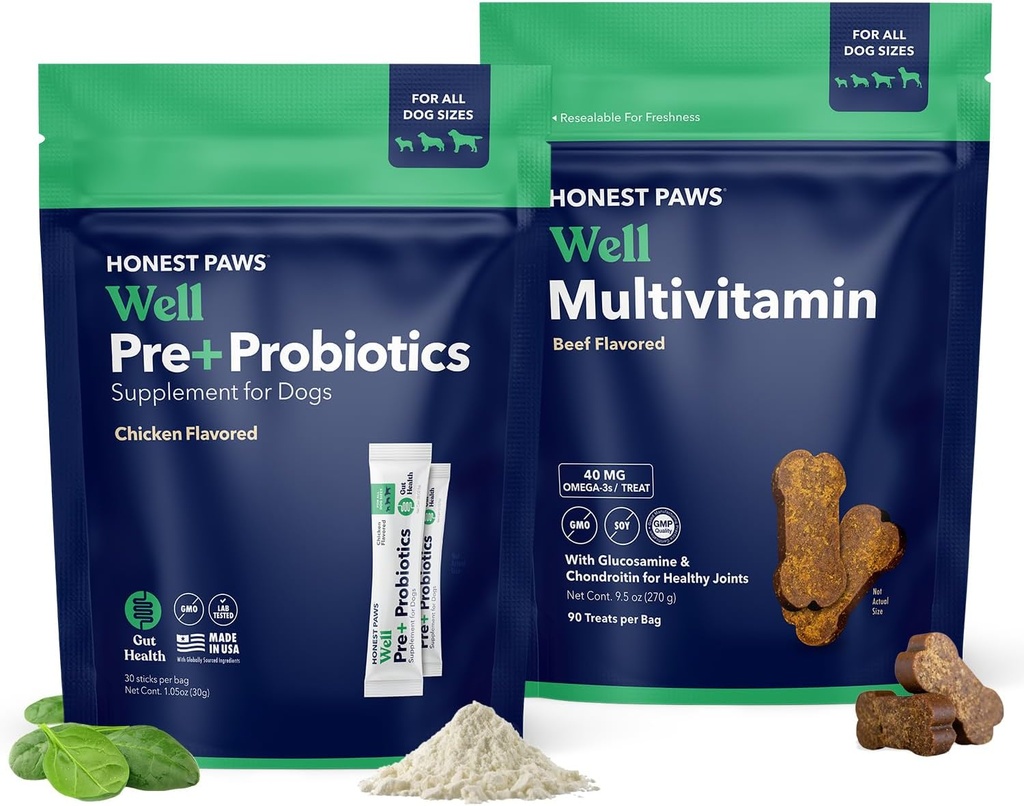 Honest Paws Probiotics for Dogs &amp; Dog Multivitamin - Glucosamine Chondroitin for Joint Health - Allergies, Immunity, Gut Health - Digestive and Skin & Coat Support