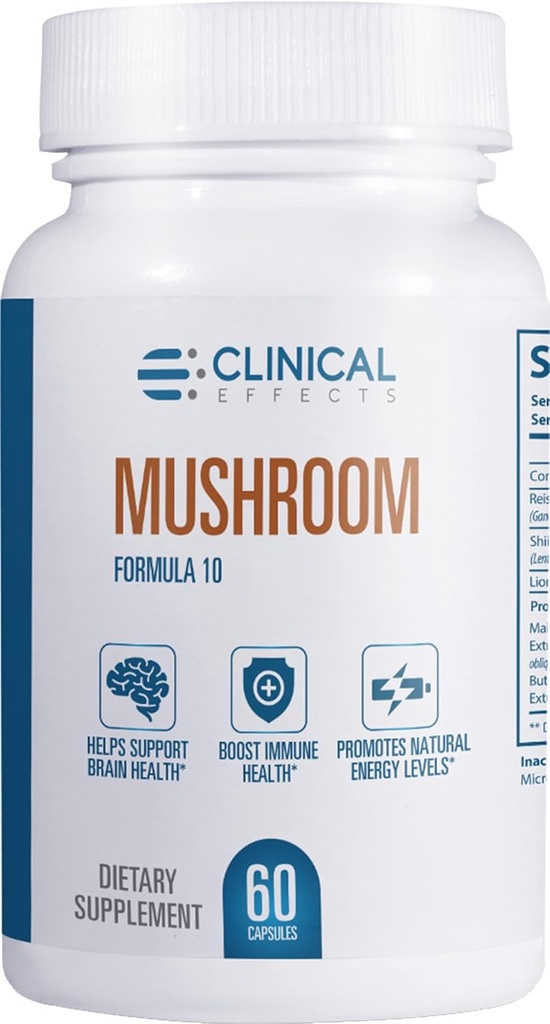 Efectos clínicos Mushroom Fórmula 10 - Suplemento natural de Mushroom para Focus, Mood y Brain Booster Support - Suplemento nootrópico y soporte de inmunes - 60 cápsulas de verduras - Hecho en los EE.UU.