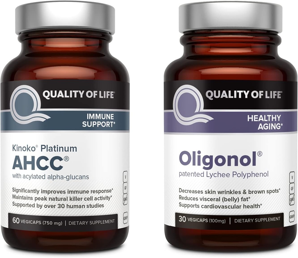 Calidad de vida Kinoko Platinum AHCC 750 mg y Oligonol Lychee Extracto - para soporte inmunitario, envejecimiento saludable