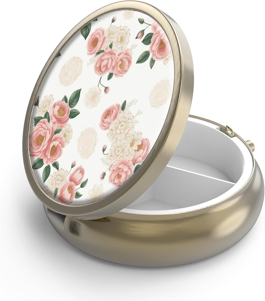 Pill Case Pill Box with Mirror Retro 3 Compartment Small Pill Case for Purse or Pocket Bronze Small Roud Pill Box or Vitamins, Fish Oil, Supplements, Pill Containe Travel Gifts( Floral rosa retro)