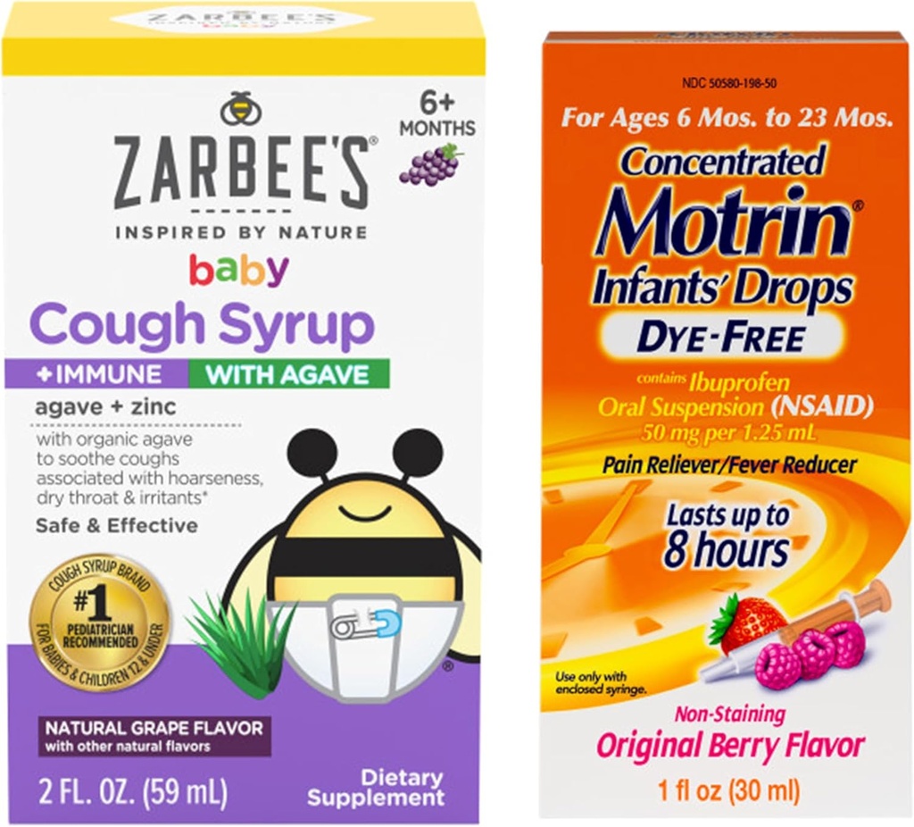 Motrin y Zarbee’s Essentials for Infants' Concentrated Liquid Medicine Drops with Ibuprofen and Zarbee's Baby Cough Sy Syrup + Immune with Organic Agave + Zinc