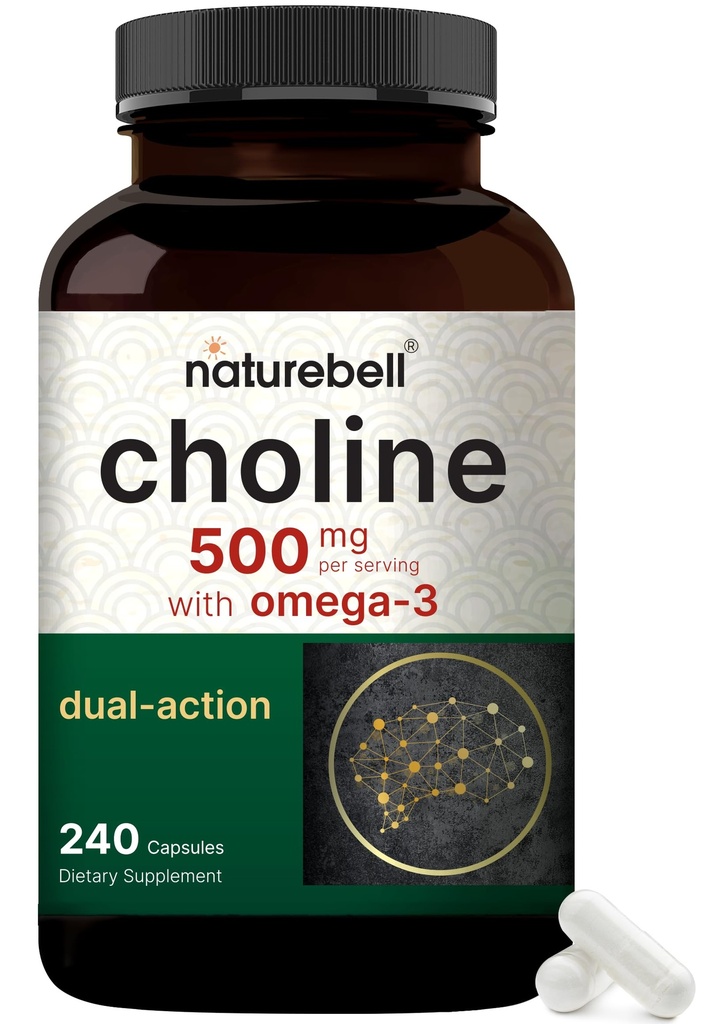 NatureBell Choline 500 mg with Omega-3 Fatty Acids, 240 Capsules | Extra Strength 2-in-1 Choline Bitartrate Formula | Non-GMO