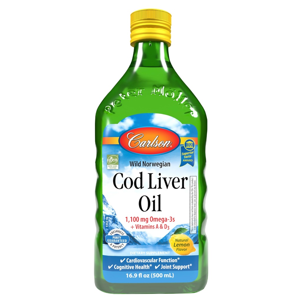 Carlson - Cod Liver Oil 1100 mg Omega-3s Plus Vitaminas A &amp; D3, Wild Caught Norwegian Arctic, Sustentablemente Fuented Nordic Fish Oil Liquid, Lemon, 500 mL (16.9 Fl Oz)